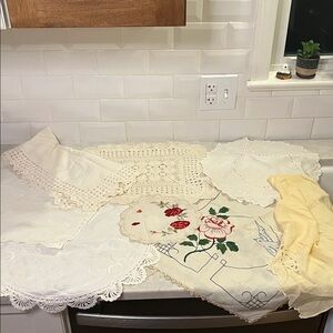 Lot of 8 Vintage Lace crochet and Cotton Fabric Table Runners And Misc Pieces